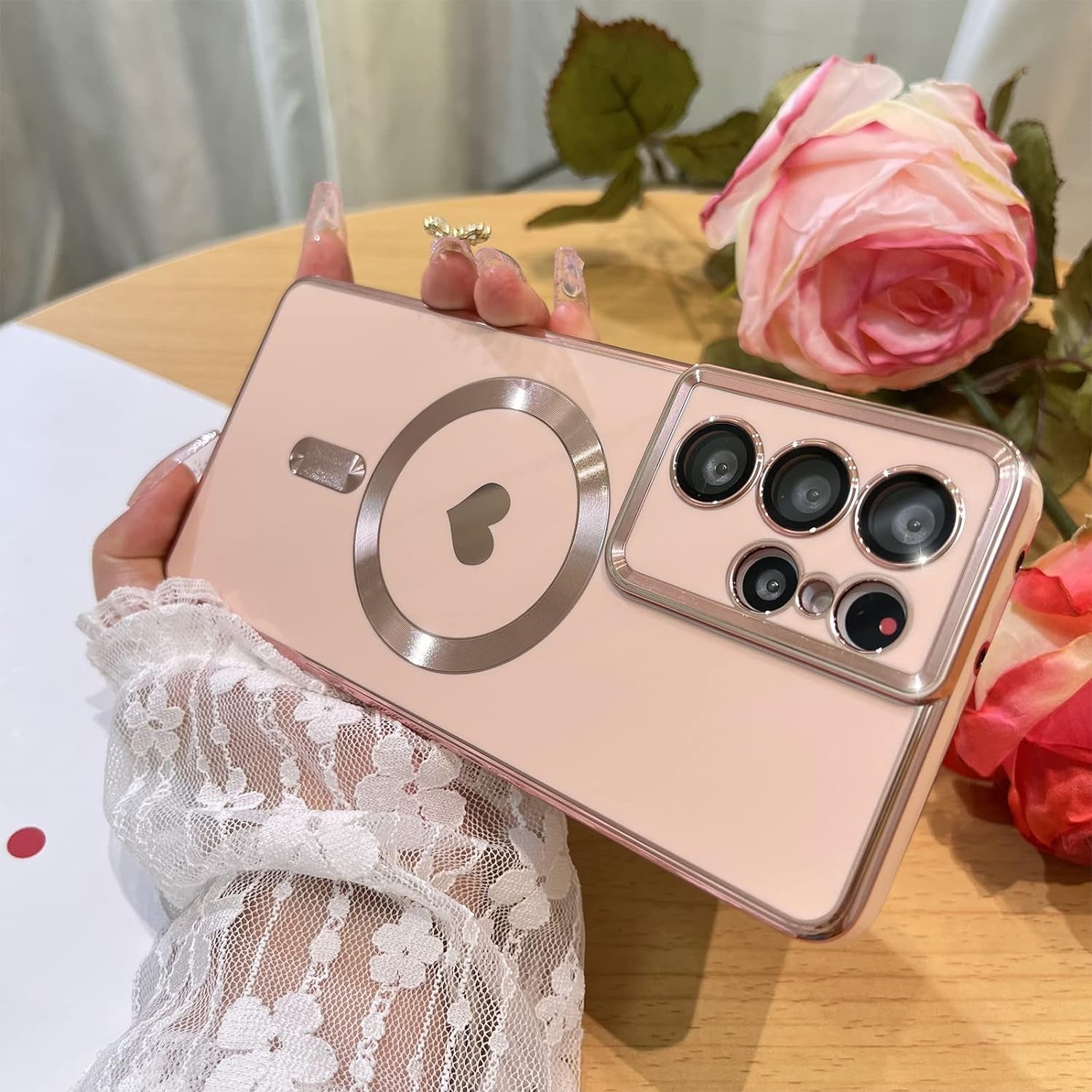 Bonoma Magnetic Case for Samsung Galaxy S21 Ultra Compatible with Magsafe, Cute Love Heart Luxury Plating Back Cover with Edge Elegant Aesthetic Hearts Pattern Silicone Phone Case-Pink  Bonoma   