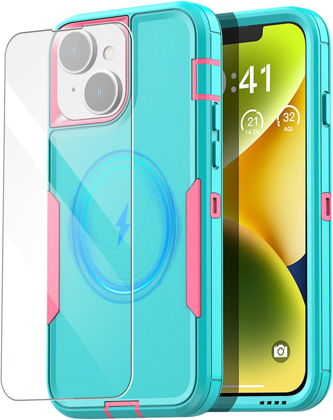 Aicase Magnetic Case for Iphone 14 Plus,Support Magnetic Car Mount Heavy Duty 2-Layer Pocket-Friendly Durable Military Grade Protection Shockproof/Dropproof Protective Cover for Iphone 14 plus 6.7"_1  AICase Sky Blue With Glass Protector_Magsafe Function  