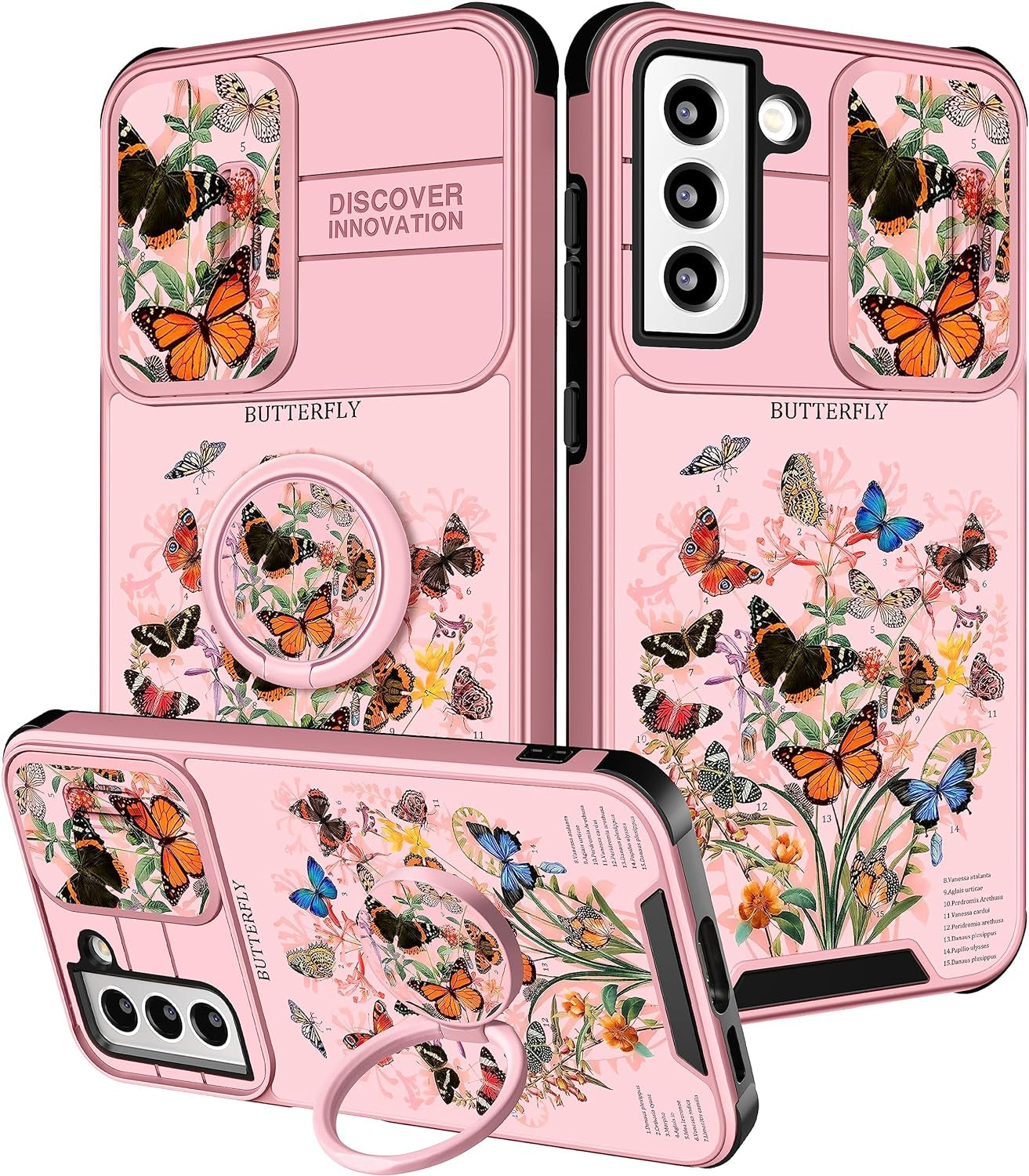 Funermei (2In1 for Samsung Galaxy S21 Case for Women Butterfly Cute Girls Phone Cover Girly Pretty Aesthetic Kawaii Black Butterfly Design with Camera Cover + Ring Stand Funda for Galaxy S21 5G Case  Funermei 1-For S21-Pink Butterfly  
