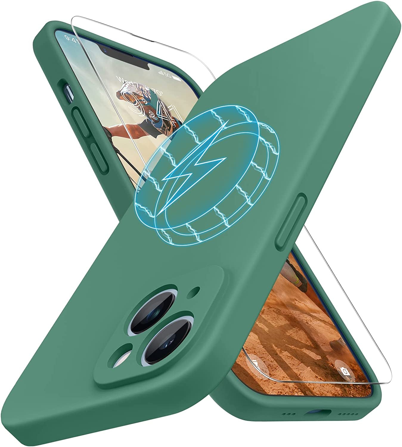 Miracase Magnetic Case Designed for Iphone 14 Case with Screen Protector,[Upgraded Enhanced Camera Protection],Shockproof Liquid Silicone Case 6.1 Inch,Azure Blue-Magnetic  Miracase Acacia Green-Magnetic  