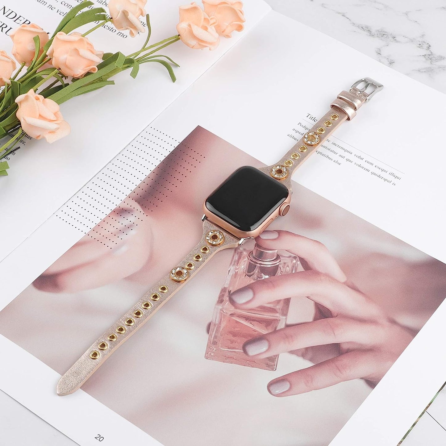 Moolia Compatible with Apple Watch Band 41Mm 38Mm 40Mm 45Mm 42Mm 44Mm Iwatch Series 8 7 6 5 4 3 2 1 for Women, Slim Leather Strap Bracelet Wristband with Bling Studs for Apple Watch Se/Ultra 49Mm  Moolia   