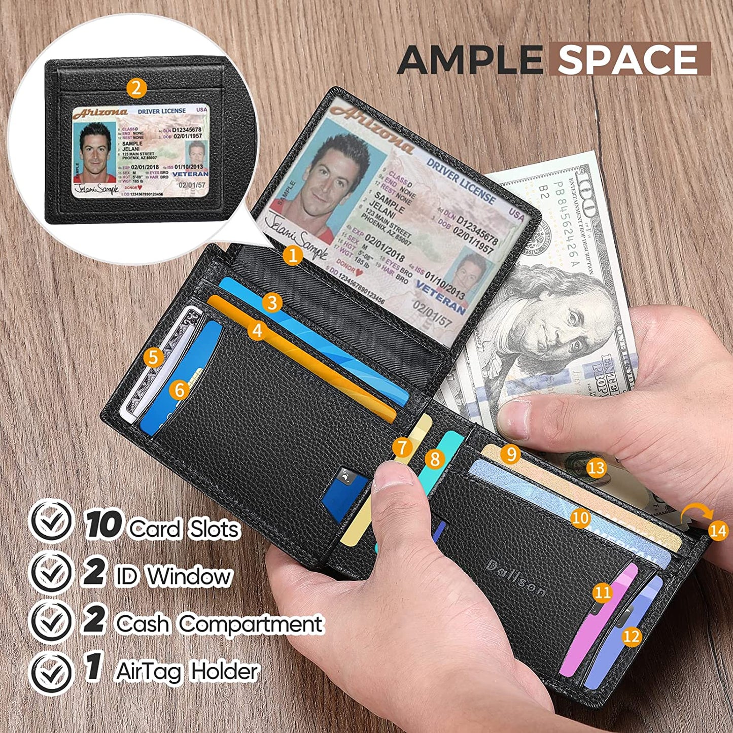 Dallson Mens Wallet for Airtag, Bifold Genuine Leather Wallet with Air Tag Holder, 2 ID Window, 10 Card Slot, RFID Blocking, Smart Wallet Compatible with Apple Airtag (Black)  Dallson   