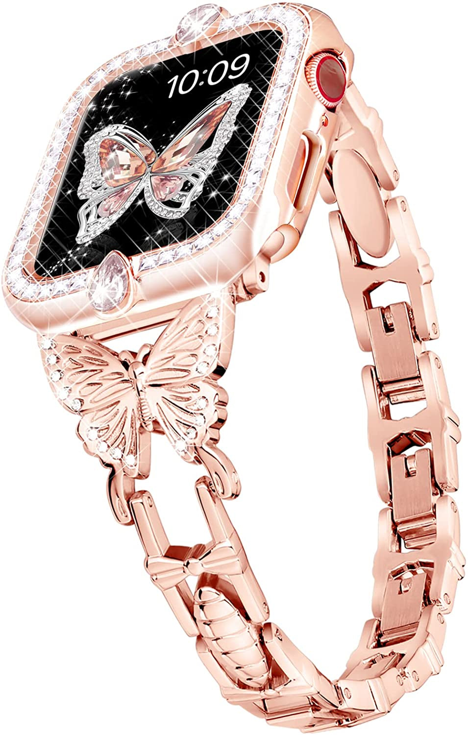 Wipalor Compatible with Apple Watch Band 42Mm 44Mm 45Mm 49Mm, Lightweight for Women, Easy Adjustable Bracelet, Shiny Diamond on Butterfly, Jewelry Metal Strap for Iwatch Series 8 7 6 5 4 3 2 1 SE Ultra(Rose Gold)  NB-tech Company White Diamond Case&Rose Gold Band Case+Band 44mm 