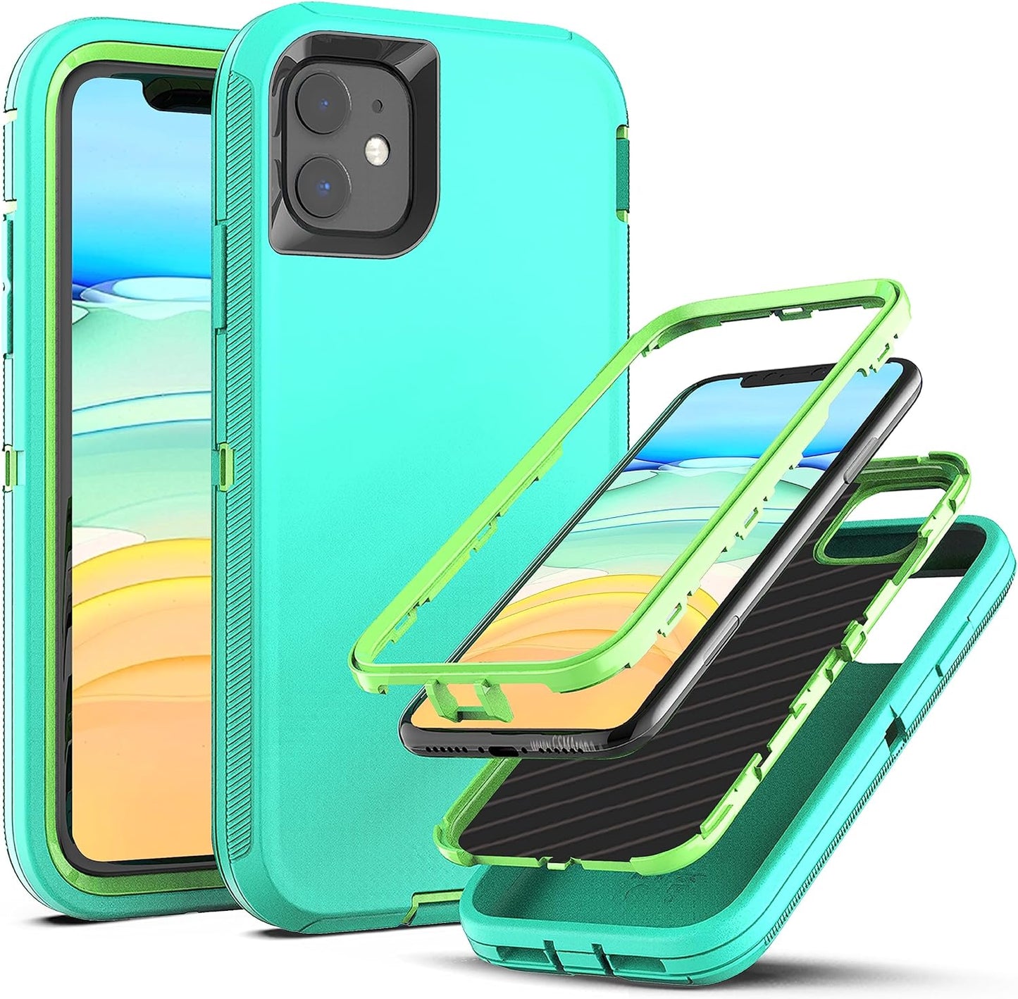 Ymhxcy for Iphone 11 Case Shockproof Dropproof Dust-Proof Drop Proof 3-Layer Durable Phone Case Heavy Duty Protection Phone Case Cover for Apple Iphone 11 6.1“ Aqua Blue and Lime Green  YmhxcY   