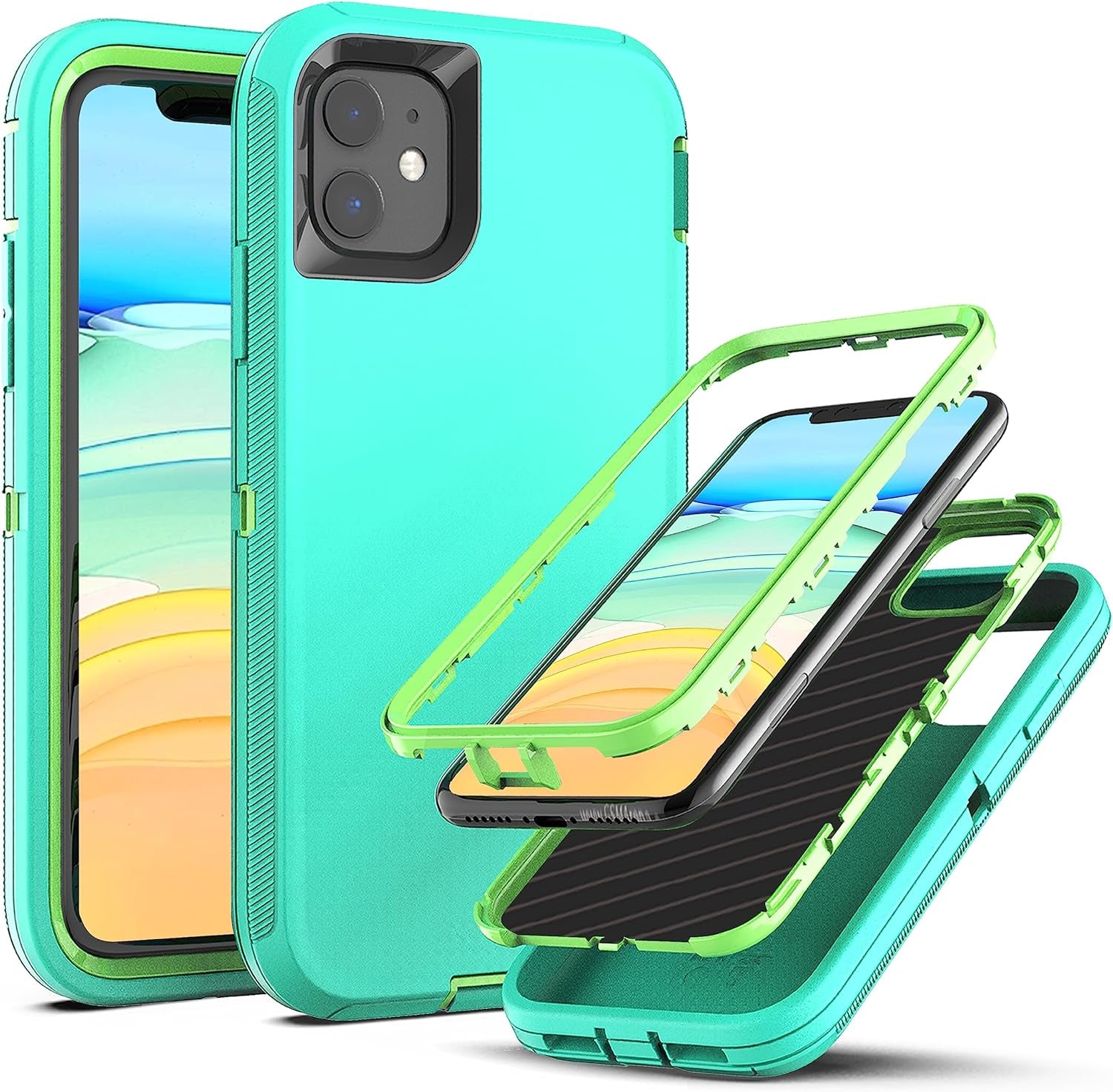 Ymhxcy for Iphone 11 Case Shockproof Dropproof Dust-Proof Drop Proof 3-Layer Durable Phone Case Heavy Duty Protection Phone Case Cover for Apple Iphone 11 6.1“ Aqua Blue and Lime Green  YmhxcY   