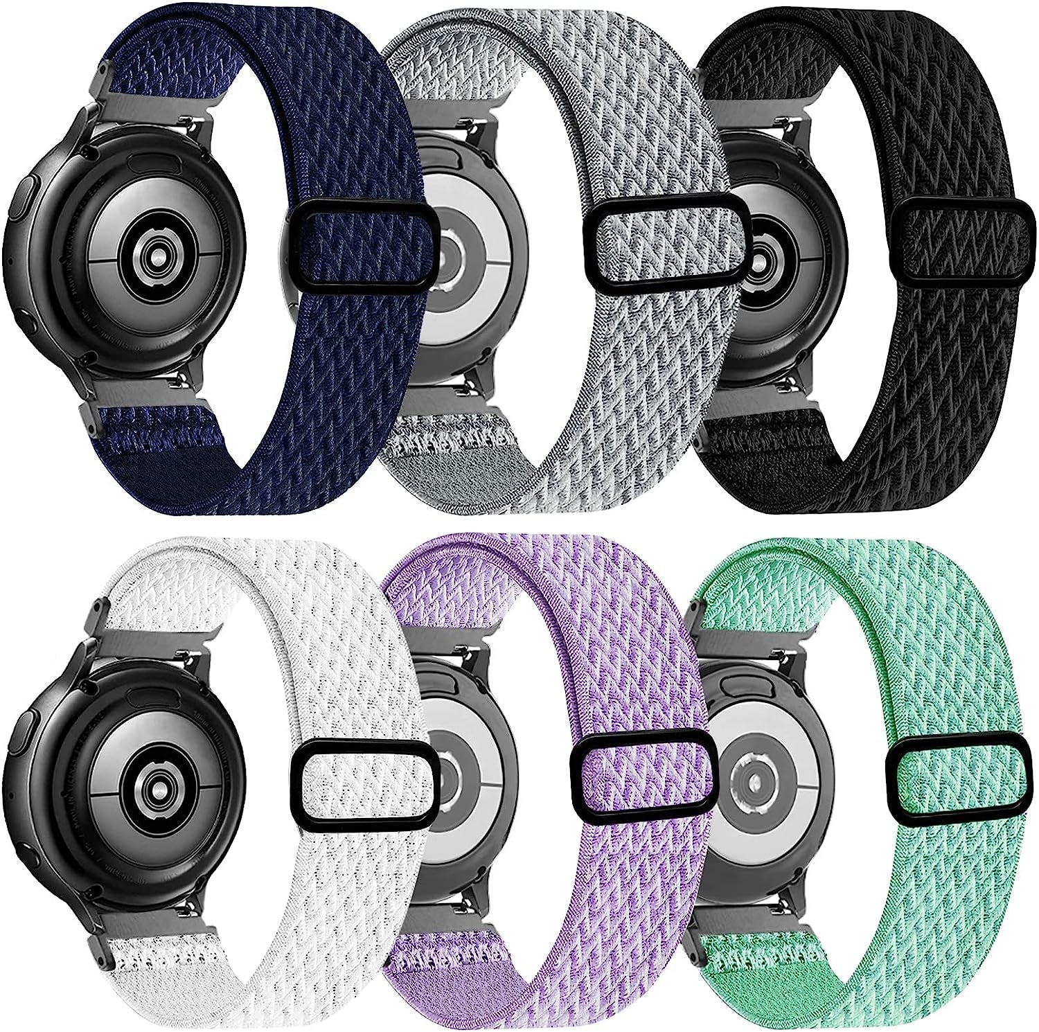 20Mm Stretchy Bands Compatible with Samsung Galaxy Watch 5/4 40Mm 44Mm/Watch 5 Pro 45Mm/Watch 4 Classic 42Mm 46Mm, Nylon Strap for Galaxy Active 2 40 44Mm/Active 40Mm/Watch 3 41Mm/Galaxy Watch 42Mm  BOTNUW black & Dark blue & Gray & White & green & purple  