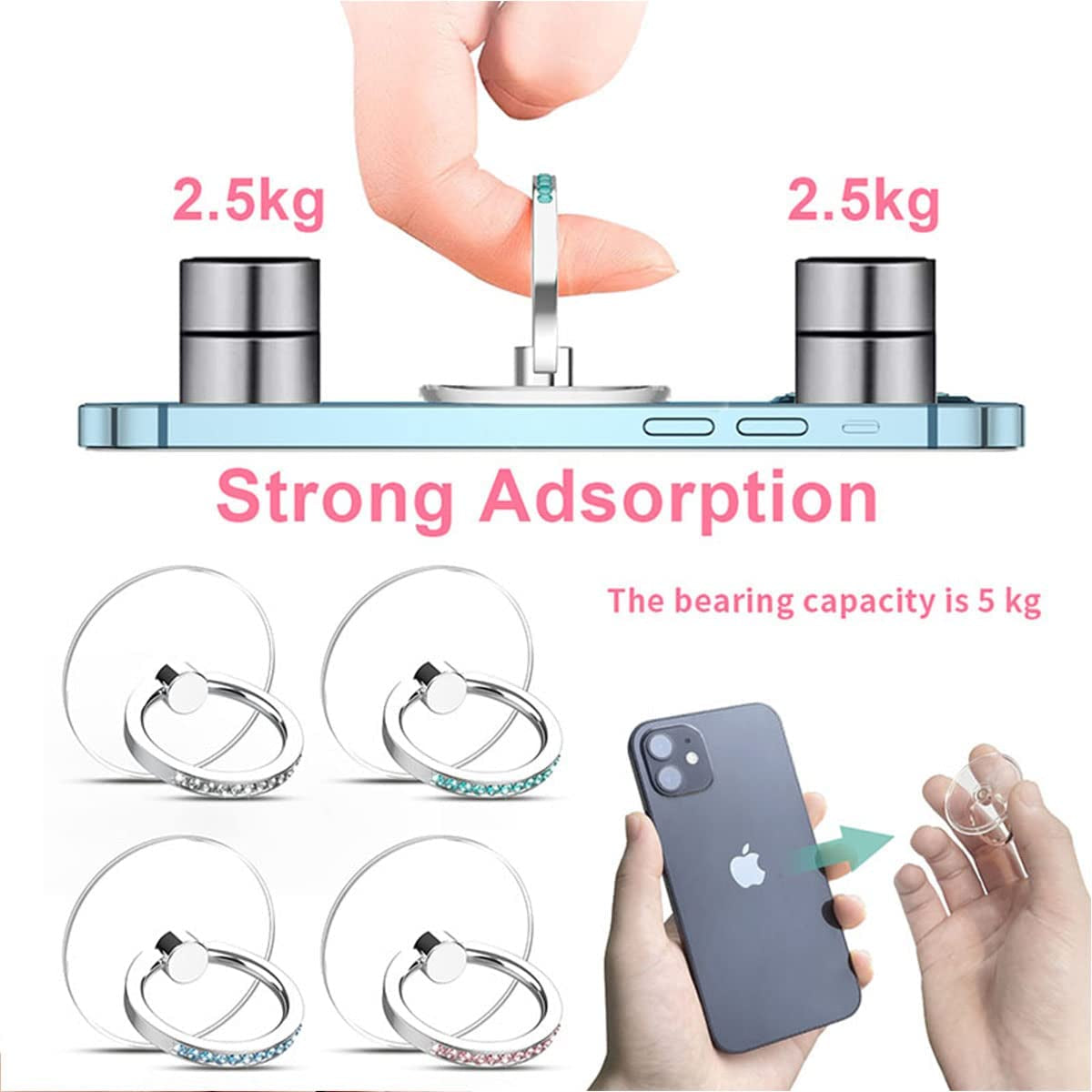 4 Pcs Kutumyqc Cell Phone Ring Holder Stand Diamond Transparent Finger Grip Clear 360° Degree Rotation Kickstand Compatible Iphones and All Phones (Silver Pink Blue Aquamarine)  KutumyQC   