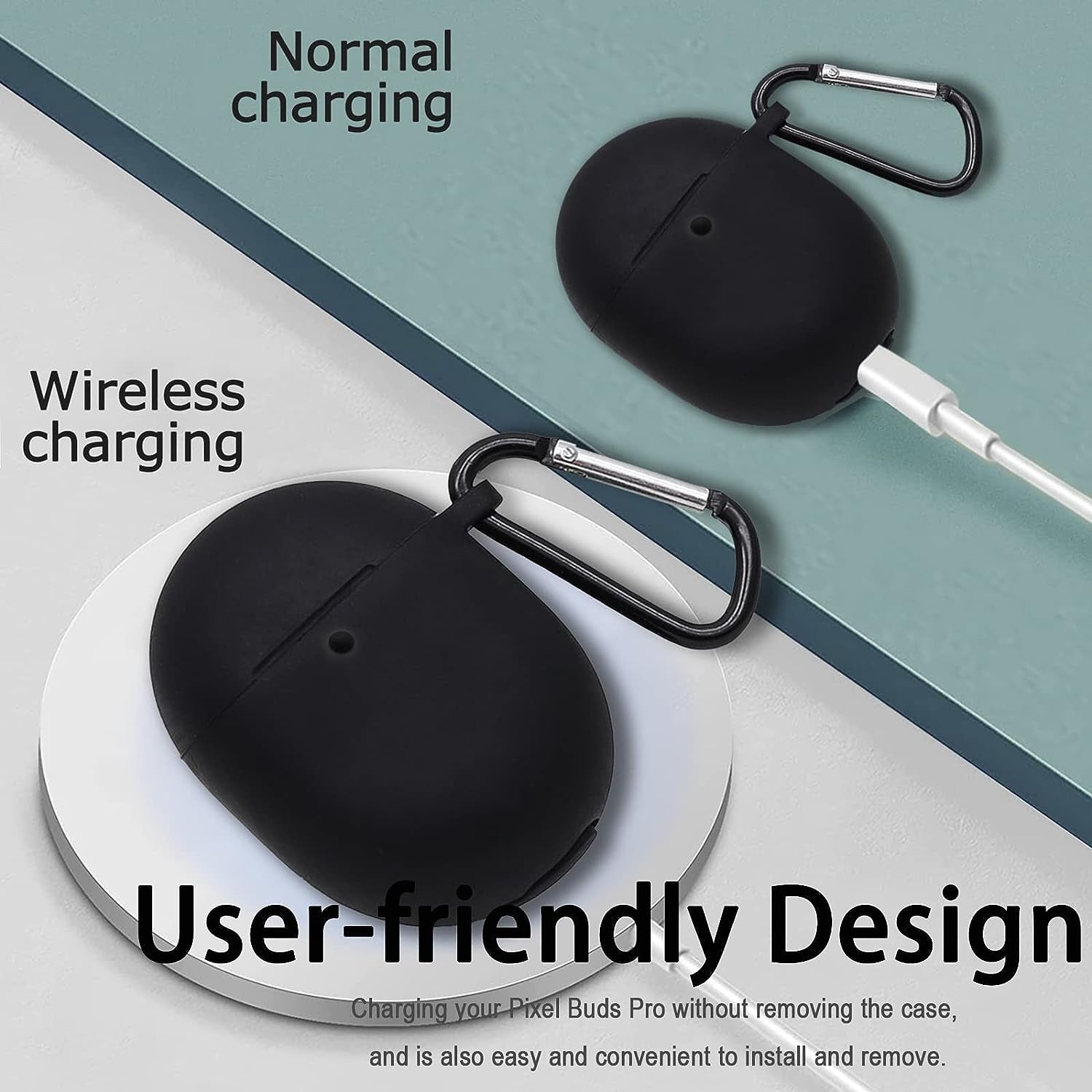 (1+1) Miimall Compatible for Google Pixel Buds Pro Case with Strap, Soft Silicone Keychain Protective Case Cover + Anti-Lost Neck Strap for Pixel Buds Pro 2022 Accessories (Black)  Miimall   