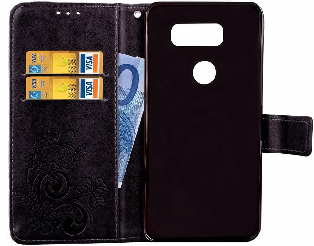 LG V30 Cover Case EMAXELER Colour Stylish Wallet Case Embossing Kickstand Credit Cards Slot Cash Pockets PU Leather Flip Protect Wallet Case for LG V30 Clover Black  EMAXELER   