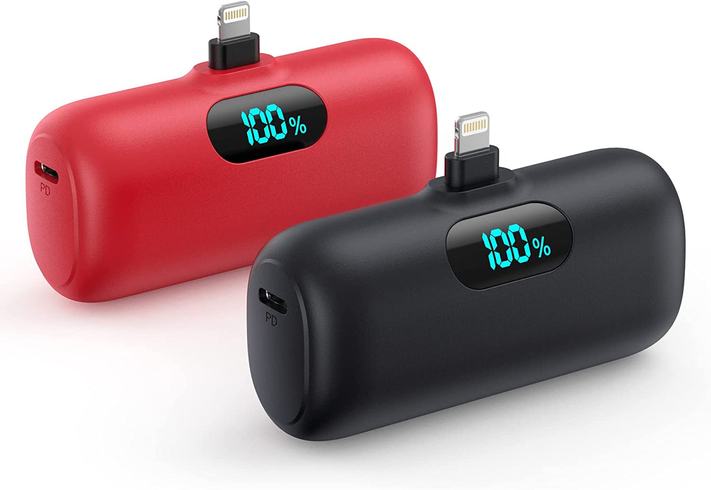 [2 Pack]Mini Portable Charger 5000Mah,Ultra-Compact 15W PD Fast Charging Power Bank,Lcd Display Cute Battery Pack Backup Charger Compatible with Iphone 14/14 Pro Max/13/13 Pro/12/Xr/8/7/6-Black+White  Dongguan Yuanhaoxun Technology Co., Ltd Black+Red  