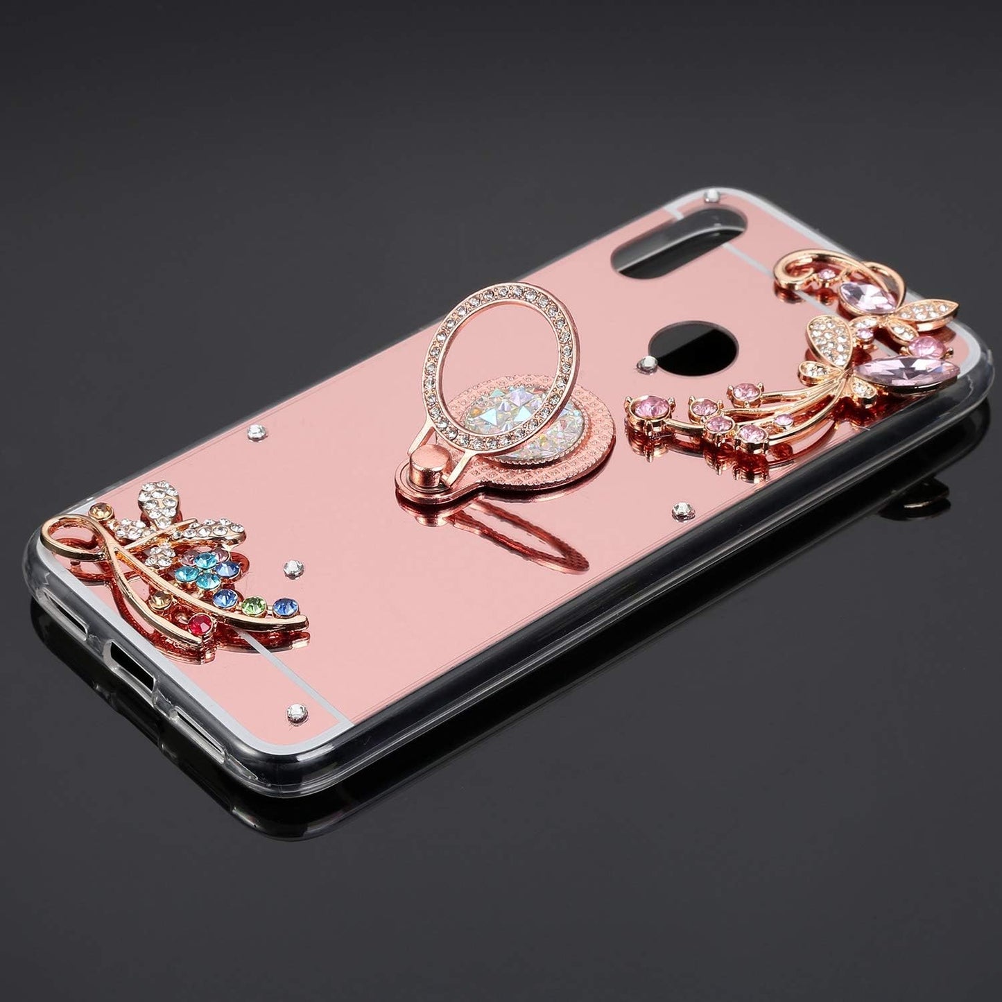 Case for Xiaomi Redmi Note 7 Diamond Case,Crystal Inlaid Diamond Flower Rhinestone Diamond Glitter Bling Mirror TPU Case & Ring Stand +Touch Pen Dust Plug for Xiaomi Redmi Note 7 Mirror Case,Rose Gold  ikasus   