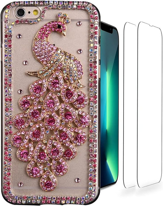 Luziun Glitter Design Phone Case Compatible with Google Pixel 6 Pro - 3D Luxury Girls Women Shiny Bling Handcrafted Protective Cover with Screen Protector (2 Pack) - Hot Pink Peacock  LUZiUN   