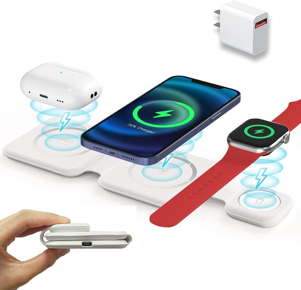 Magnetic Wireless Charger for Iphone: CYFIBYNO Fodable 3 in 1 Charging Station, Iphone Travel Wireless Charger Compatible with Magsafe for Iphone, Samsung, Airpods 3/2/Pro, Apple Iwatch.  CYFIBYNO   