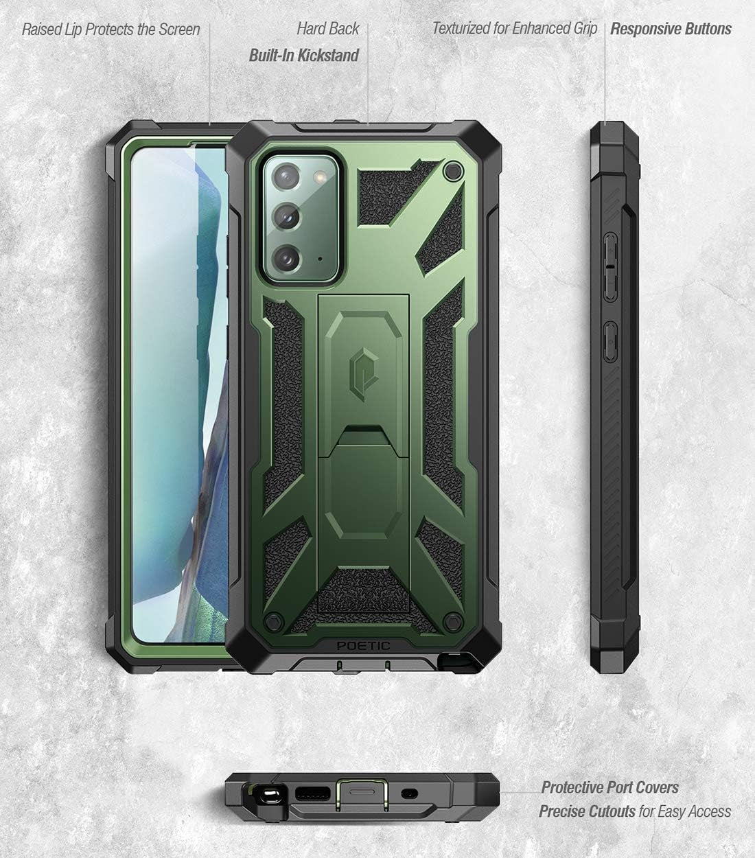Poetic Spartan Series for Samsung Galaxy Note 20 Case, Full-Body Rugged Dual-Layer Metallic Color Accent with Premium Leather Texture Shockproof Protective Cover with Kickstand, Metallic Green  Poetic   