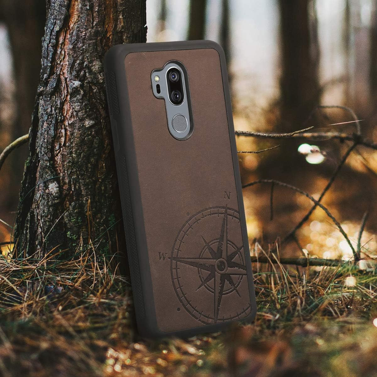 Kalibri Case Compatible with LG G7 Thinq/Fit/One - Smooth Genuine Leather Protective Smartphone Cover - Navigational Compass Brown  KW-Commerce   