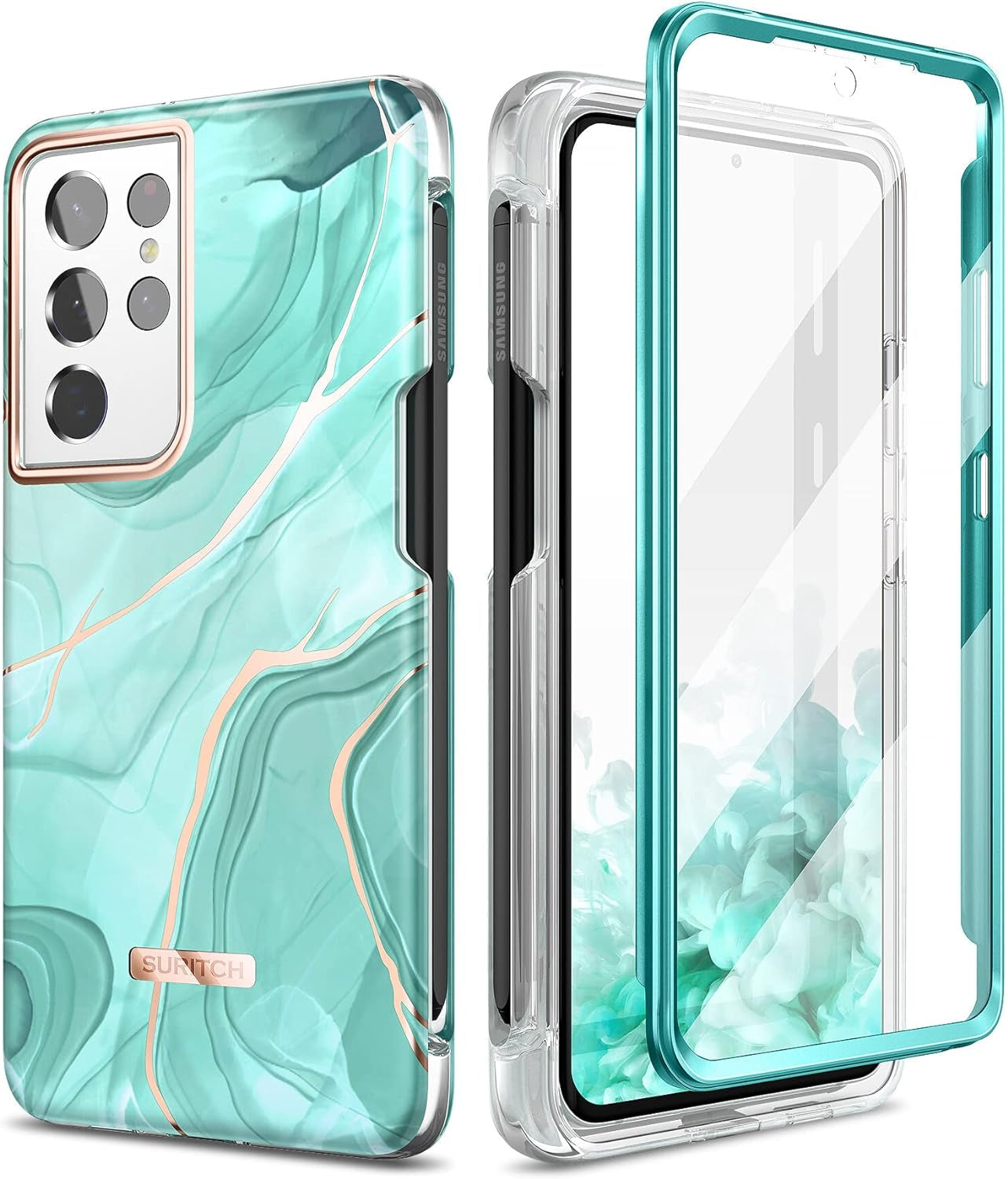 SURITCH Phone Case for Samsung Galaxy S21 Ultra with S-Pen Holder Front Cover Built-In Screen Protector Upgraded Dual-Layer Full Body Protection Anti-Scratch Shockproof for Woman Man, Purple Marble  SURITCH Green Marble  