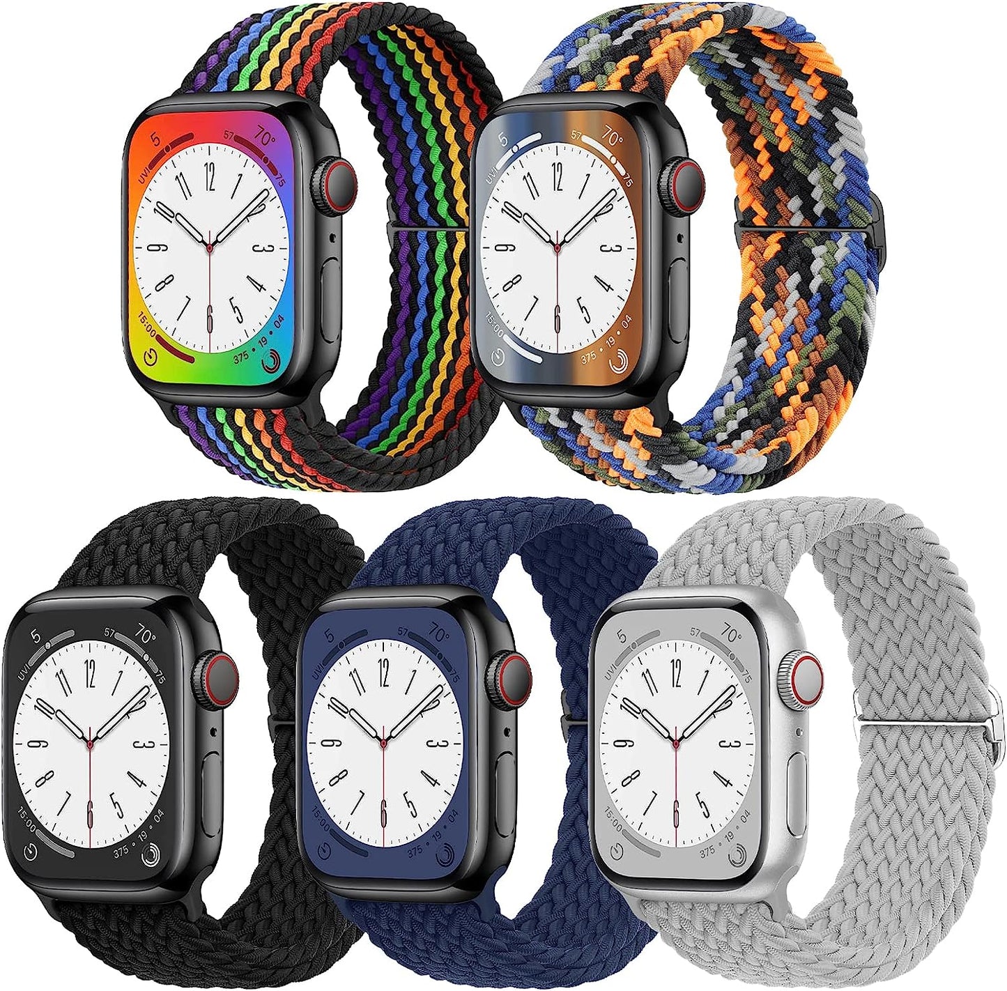 EOMTAM 5 Pack Braided Stretchy Straps Compatible for Apple Watch Band 49Mm 45Mm 44Mm 42Mm 38Mm 40Mm 41Mm Men Women ,Sport Elastic Nylon Cloth Adjustable Wristbands for Iwatch Series Ultra 8 SE 7 6 5 4 3  EOMTAM Rainbow/Camo/Black/Gray/Navy 41MM/40MM/38MM 