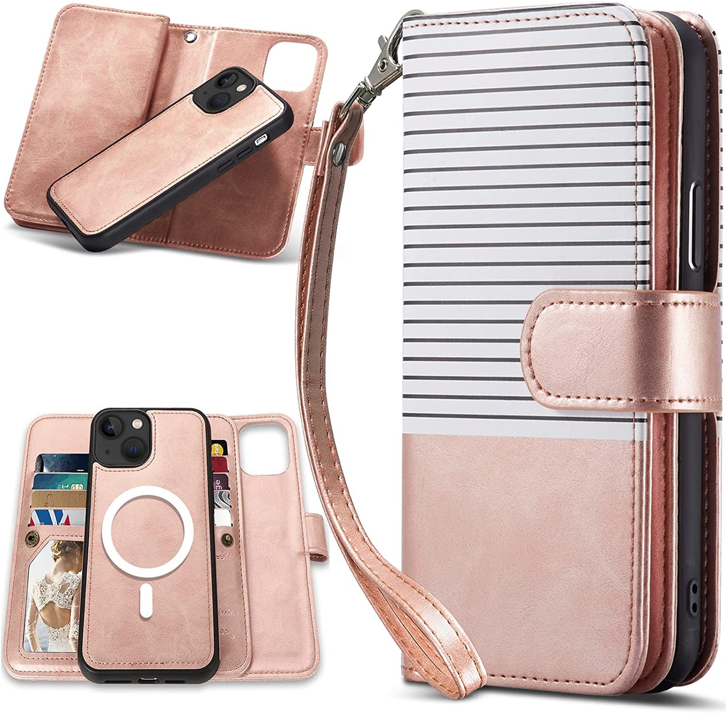 CASEOWL Compatible for Iphone 14 plus Case Wallet, Support Magsafe Charger, Magnetic Detachable Folio Leather Lanyard Wallet Case with 9 Card Slots[Rfid Blocking], Strap, TPU Case for Man Women-Black  CASEOWL White Stripe & Gold [for iPhone 14 Plus]  