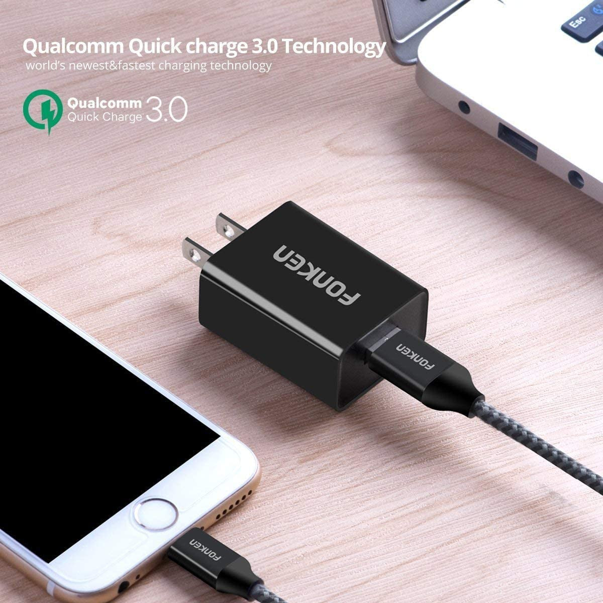 [3-Pack] Quick Charge 3.0, FONKEN 18W 3A USB Wall Charger QC 2.0/3.0 Adapter Fast Charger Block Compatible for Wireless Charger, Iphone Ipad, Samsung S10/S9/S8/Note 9/8, LG G5, HTC 10 (Black)  FONKEN   