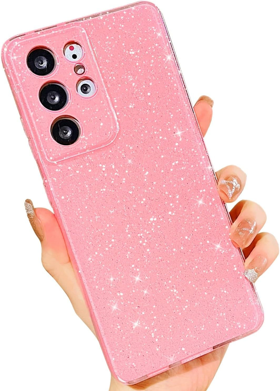 MINSCOSE Compatible with for Samsung Galaxy S21 Ultra Case,Cute Neon Bright Color,Glitter Bling Thin Slim Shockproof Silicone Sparkly Case, Soft TPU Phone Case for Women Girl-Hot Pink  MINSCOSE Pink S21 Ultra 