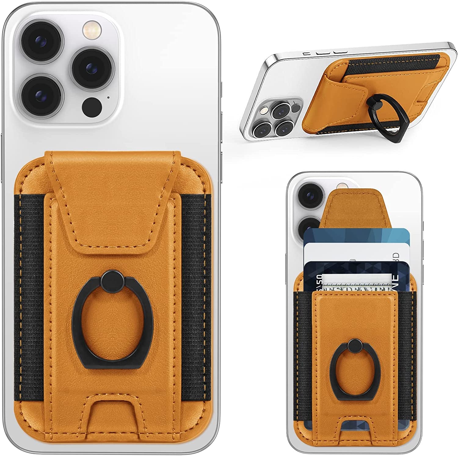 3-In-1 Magnetic Wallet with Phone Grip, Compatible with Magsafe Wallet and Phone Stand, Leather Privacy Flap, Magnetic Phone Wallet Holder with Phone Ring for Iphone 14/13/12 Series, 7 Cards, Black  ExtreLife Orange+Phone Grip  