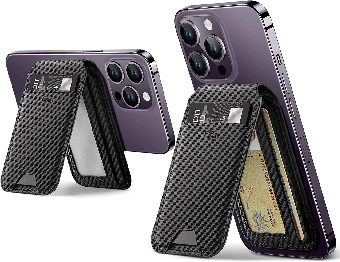 ESR Magsafe Wallet Stand (Halolock), Iphone Wallet with Adjustable Stand, Magnetic Wallet for Iphone 14/13/12 Series, Not for Iphone 13/12 Mini, 3 Card Holder, Vegan Leather, Black Carbon Fiber  Electronic Silk Road Corp   