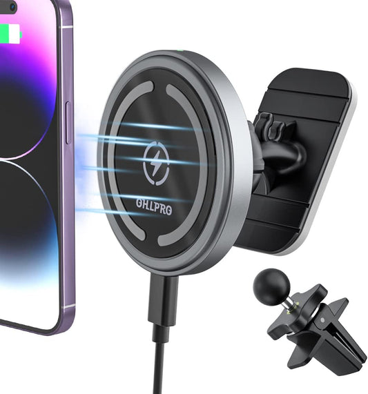 Magnetic Wireless Car Charger Mount, Stick on the Dashboard for Magsafe Iphone 14/14 Pro/14 Max/13/13 Pro/13 Pro Max/ 12/12Pro/Mini, Fast Charging Auto-Alignment Air Vent Phone Holder (Dark Grey)  OHLPRO   
