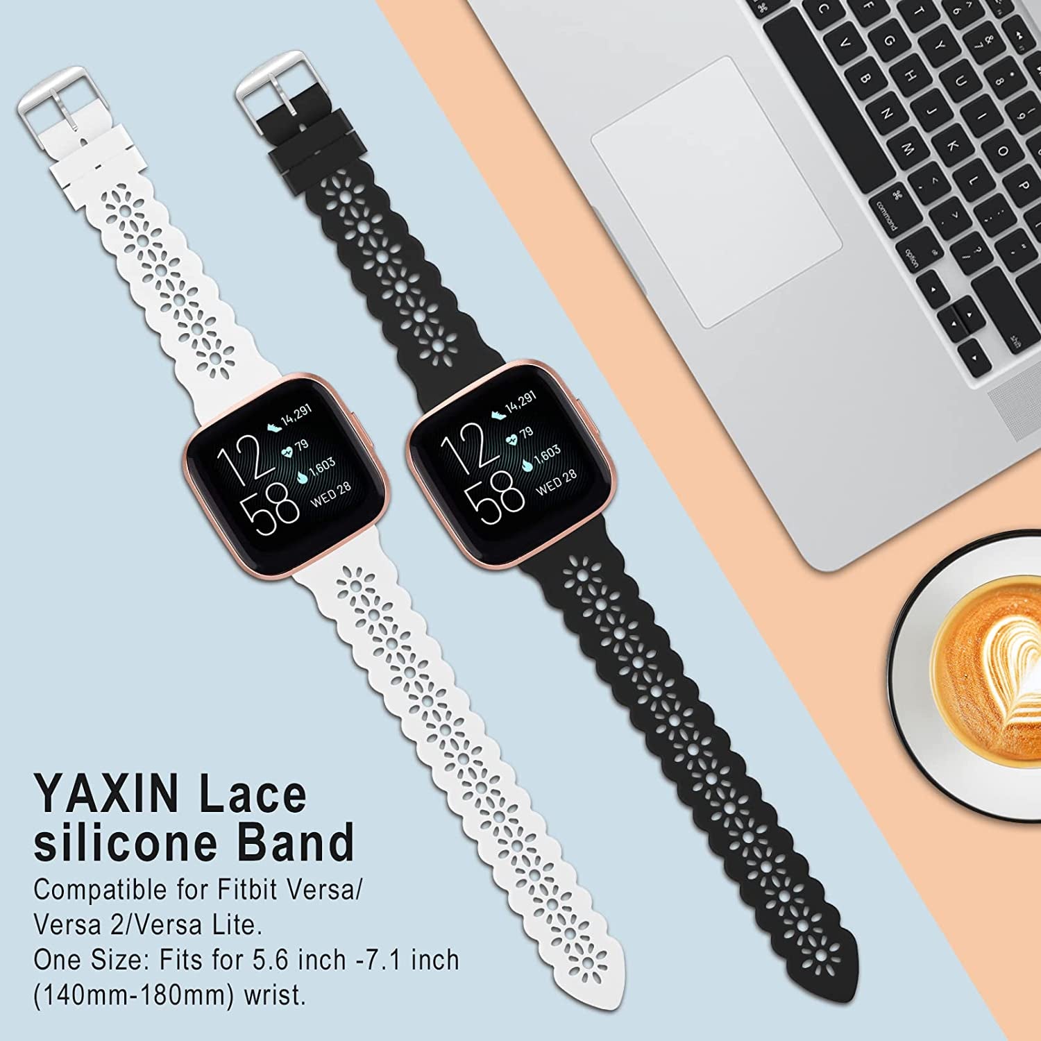 YAXIN 3 Pack Slim Sport Bands Compatible with Fitbit Versa/ Versa 2/ Versa Lite Band for Women,Soft Silicone Lace Replacement Wristbands for Smart Watch,Black/White/Pink Sand  YAXIN   