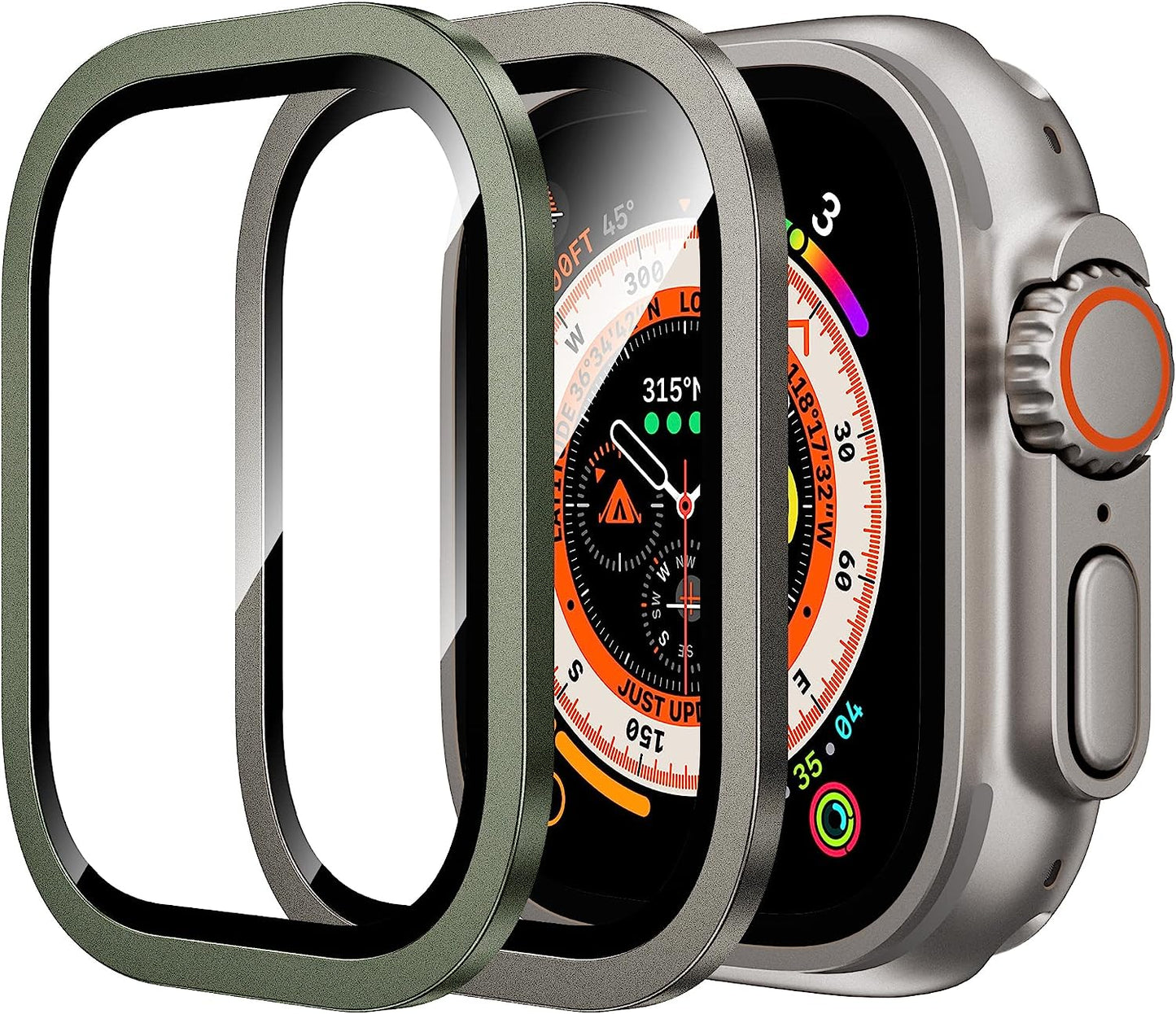 WSKEN for Apple Watch Ultra Screen Protector 49Mm,9H Tempered Glass + Titanium Alloy Frame, [Keep Original] [Touch Sensitive] Lightweight Protective Glass Film for Iwatch Ultra 2 Pack,Original  WSKEN Original + Green apple watch ultra 49mm 