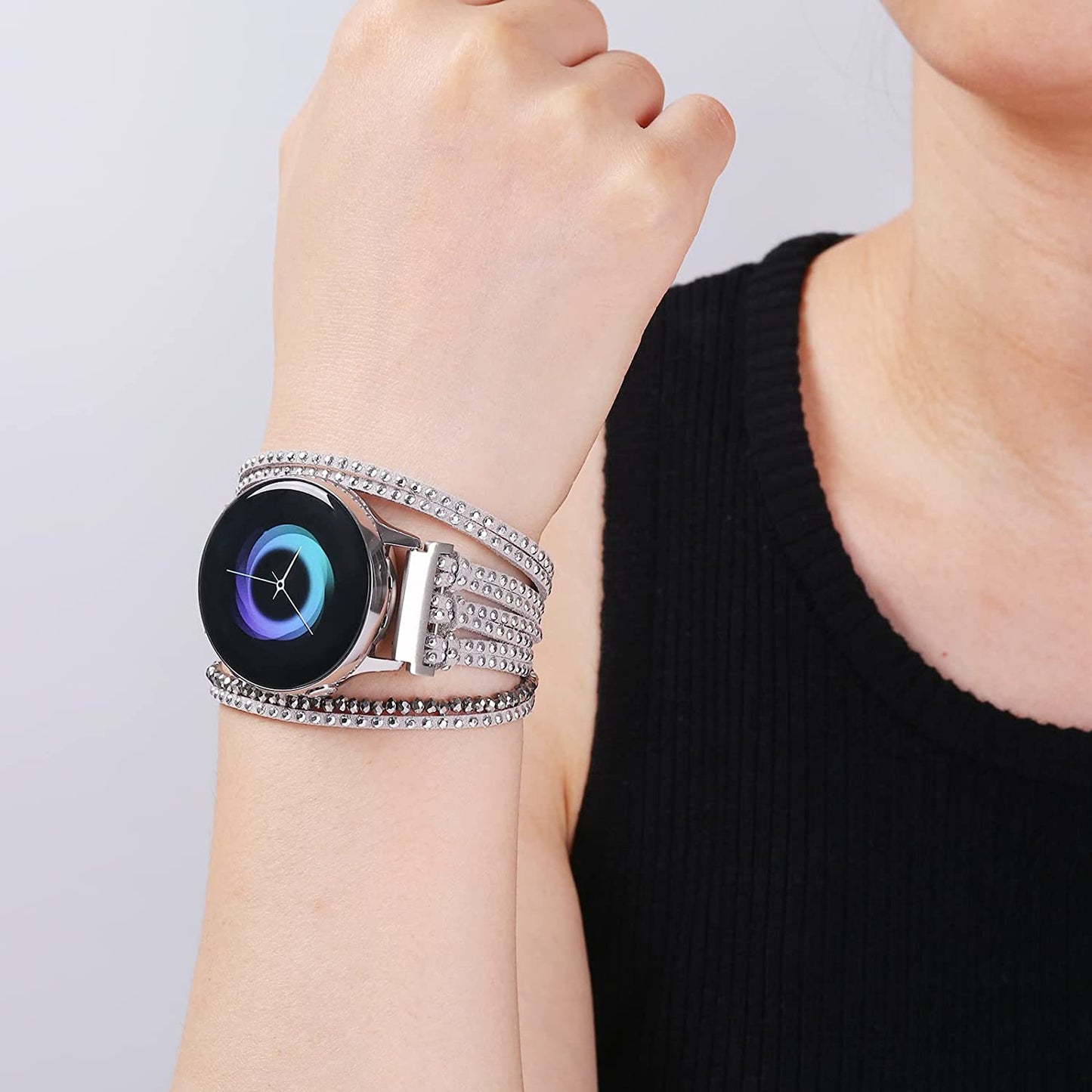 20Mm Bracelet Watch Band Compatible with Samsung Galaxy Watch 4 40Mm 44Mm/Watch 4 Classic 42Mm 46Mm/ Watch Active 2/Watch 3 41Mm/Garmin Vivoactive 3, 20Mm Glitter Leather Boho Bracelet Jewelry Multilayer Strap for Women  NEWLOTSE   