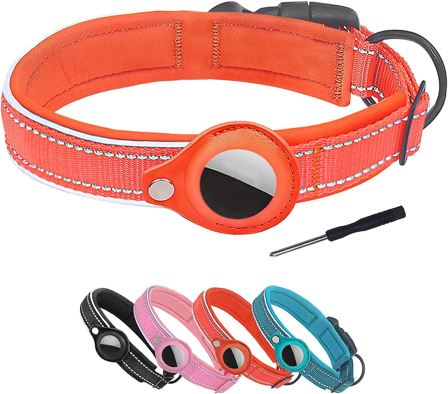 DERLOW Dog Collar with Airtag Case, Reflective Soft Neoprene Padded Breathable Nylon Pet Collar, Adjustable Airtag Dog Collar Holder for Small Medium Large Dogs, Black M  DERLOW Orange Medium(15-18in) 