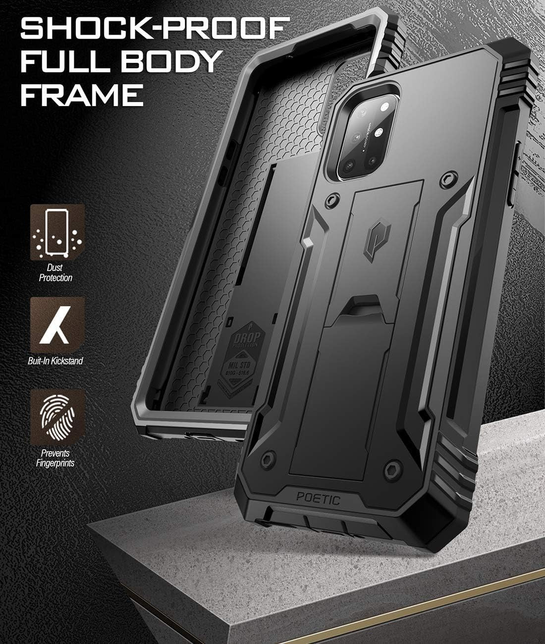 Poetic Revolution Series Designed for Oneplus 8T Case, Full-Body Rugged Dual-Layer Shockproof Protective Cover with Kickstand and Built-In-Screen Protector, Black  Poetic   