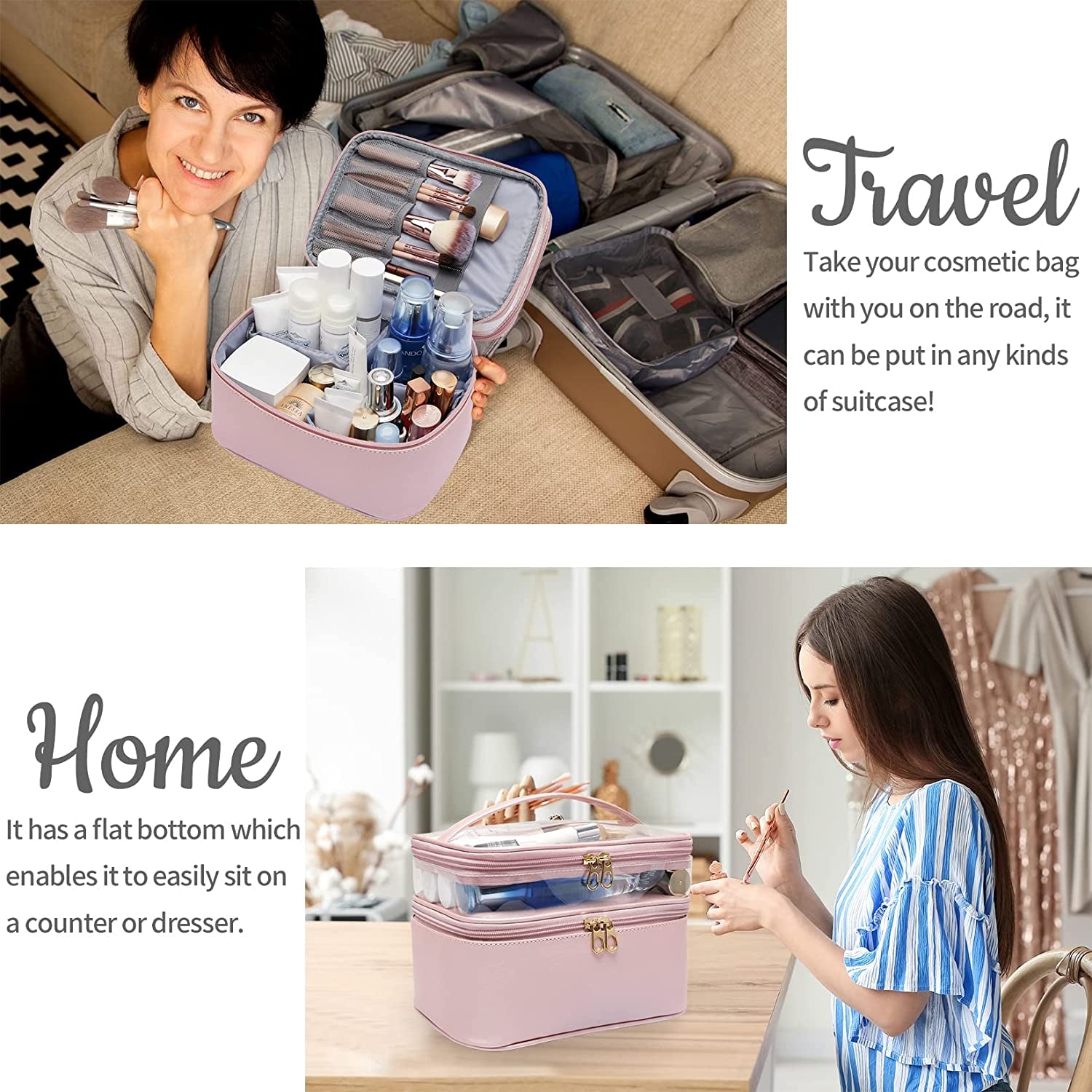 Makeup Bag,Leather Double Layer Large Makeup Organizer Bag,Travel Accessories Dorm Room Essentials Toiletry Bag for Women,Travel Essentials Cosmetic Bag Makeup Case,Mothers Day Gifts Graduation Gifts  365park   