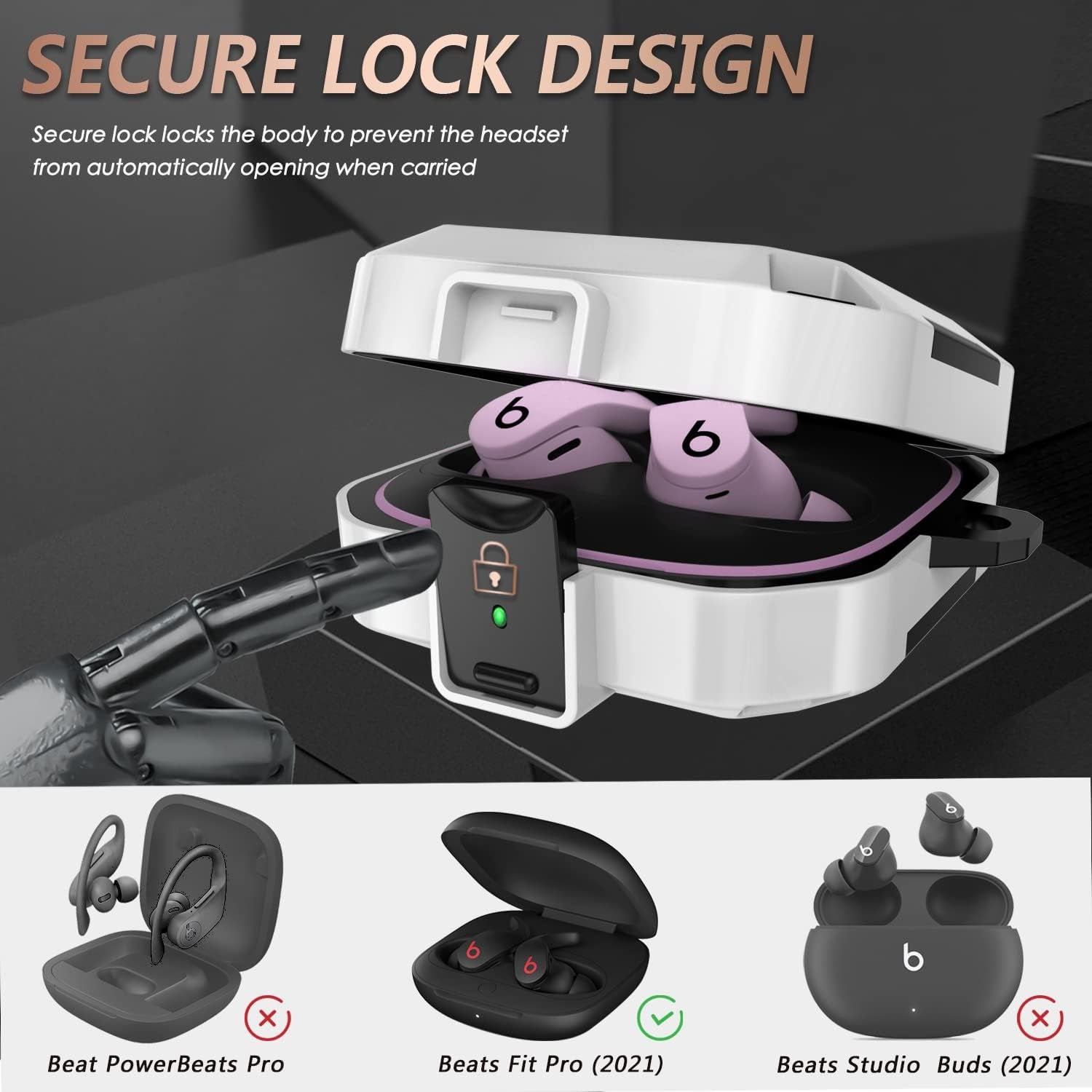 Secure Lock Case for Beats Fit Pro 2021, Carbon Fiber Texture Beats Fit Pro Earbuds Case Cover with Anti-Lost Keychain/Storage Box/Cleaning Brush/Wrist Strap. (White)  Mooyavia   