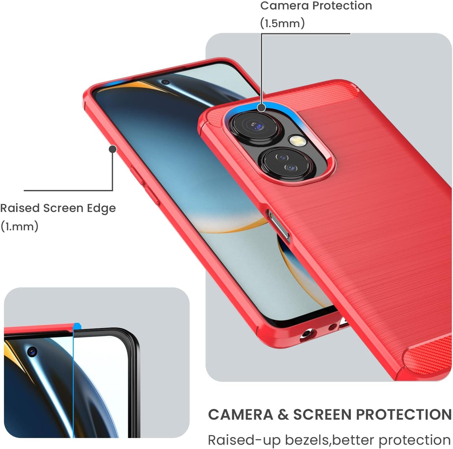 Dretal for Oneplus Nord N30 5G Case with Tempered Glass Screen Protector, Shock-Absorption Brushed Flexible Soft TPU Carbon Fiber Protective Cover for Oneplus Nord N30 5G (Ls-Red)  Dretal   