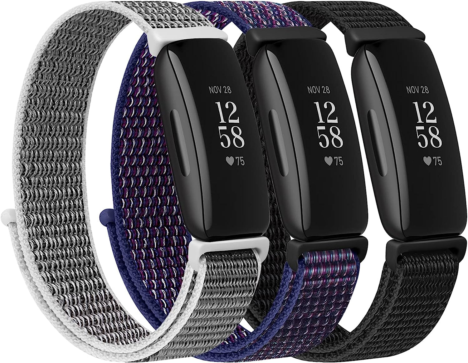 WNIPH Nylon Loop Watch Bands Compatible for Fitbit Inspire 2/ Inspire/ Inspire HR/ Ace 2/ Ace 3 Bands, Soft Adjustable Sport Loop Wristband Replacement Breathable Nylon Straps for Men Women Kids  WNIPH Dark Black+Indigo+Seashell  