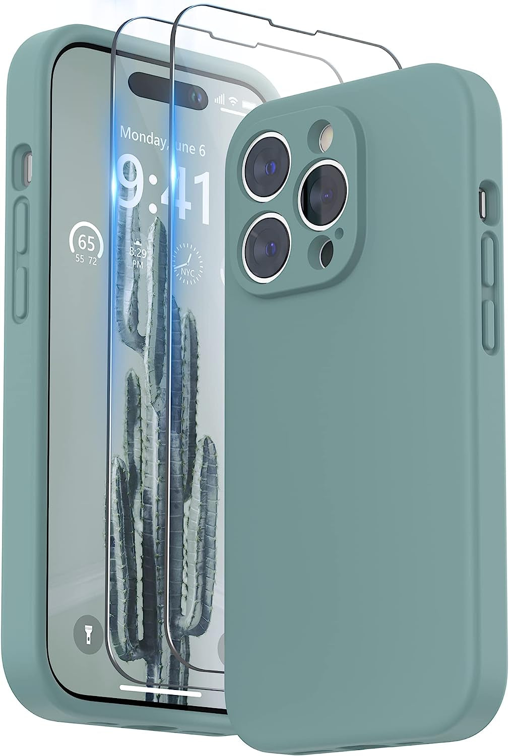 SURPHY Designed for Iphone 14 Pro Case with Screen Protector, (Camera Protection + Soft Microfiber Lining) Liquid Silicone Phone Case, Cactus Green  SURPHY   