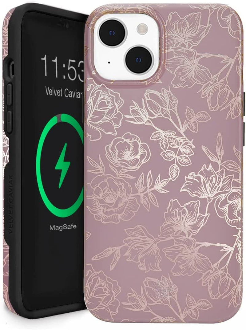 Velvet Caviar Designed for Iphone 14 Case Black Marble [10Ft Drop Tested] Compatible with Magsafe - Protective Microfiber Lining  Velvet Caviar Dusty Rose Floral iPhone 14 