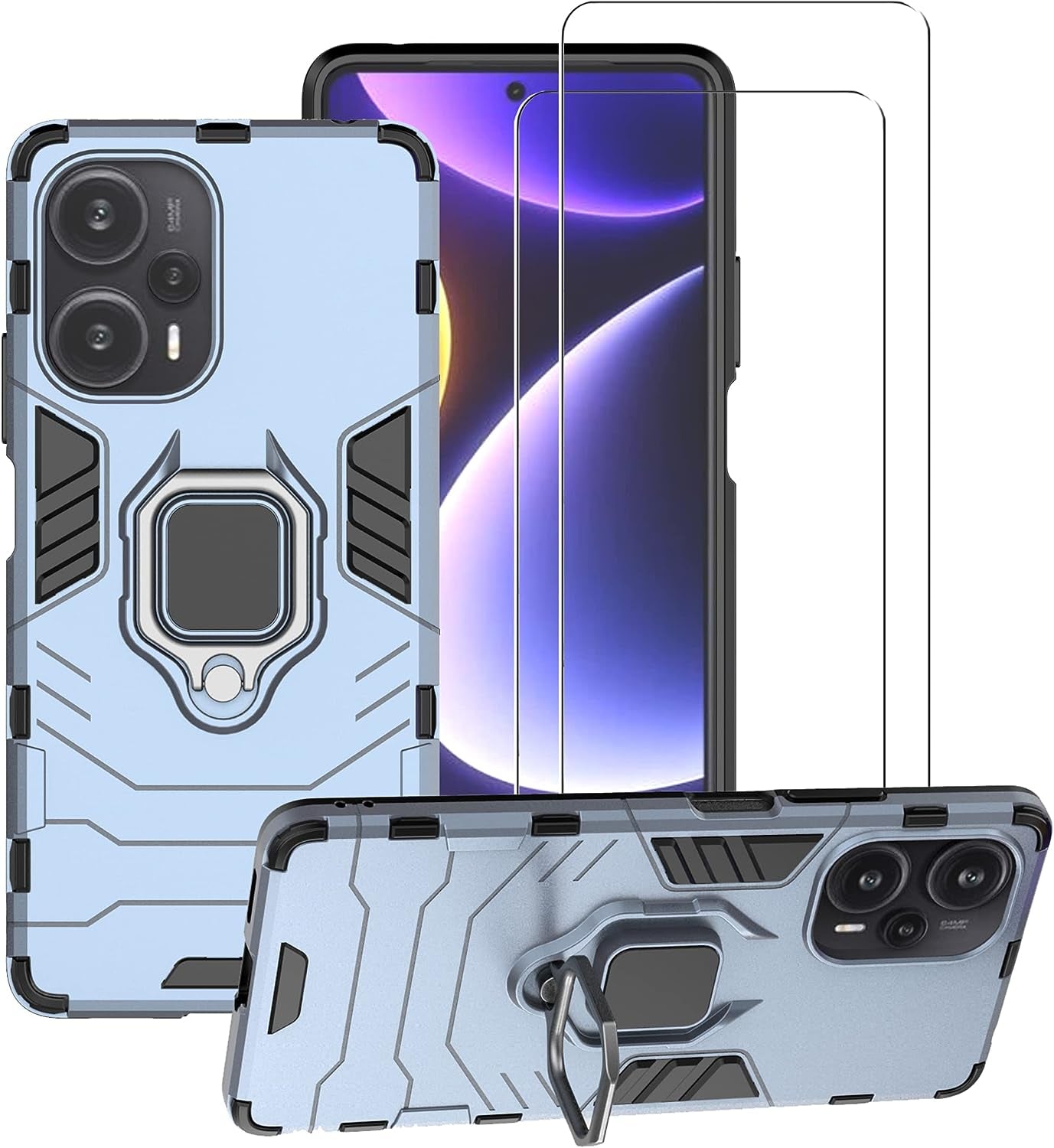 ZMONE Phone Case for Xiaomi Poco F5 5G Case with Glass Screen Protector [2 Pack] Heavy Duty Dual Layer Military Grade Shockproof Protective Cover with Magnetic Ring Kickstand - Red  Chengmi Blue  