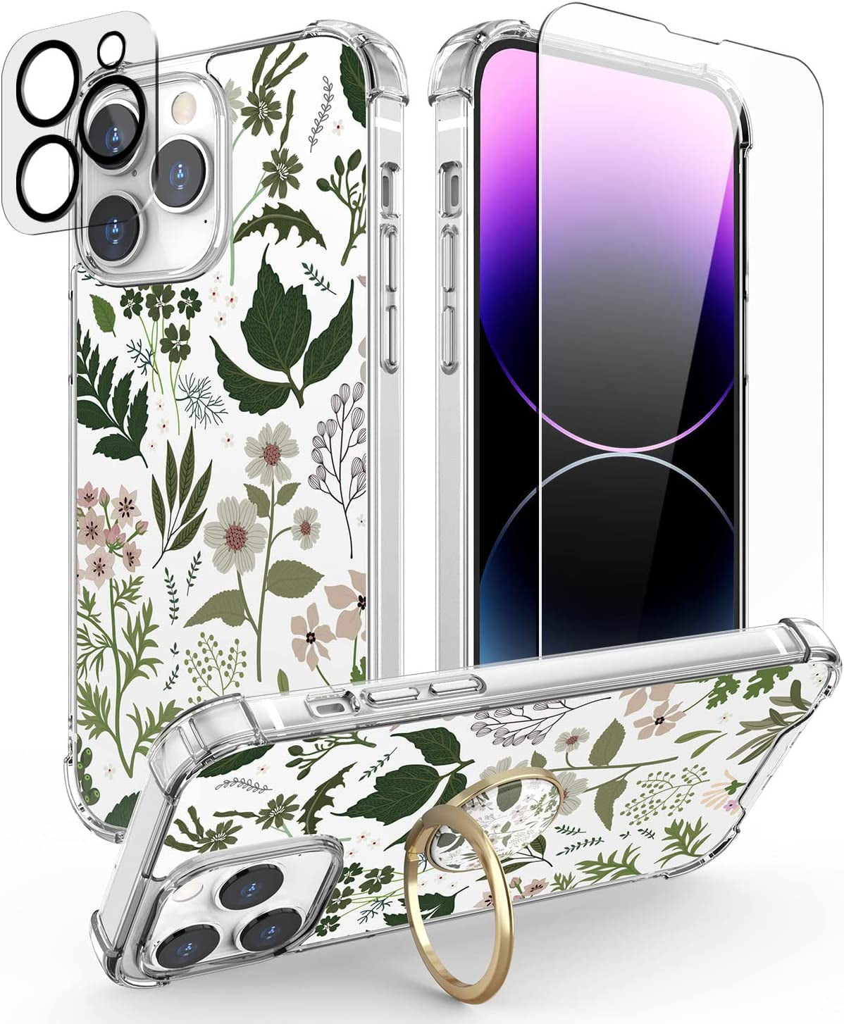 Cutebe [3 in 1 Crystal Phone Case for Iphone 13(2021)/Iphone 14(2022) 6.1", Cute Protective Cover with 9H Temper Glass Screen Protector + HD Temper Camera Lens Protector for Women, Girls  Cutebe iPhone 14 Pro Max-Green Plants iPhone 14 Pro Max Case 6.7 Inch 