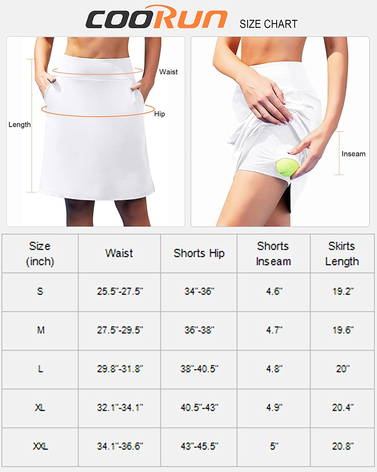 Women'S 20" Knee Length Tennis Skorts Skirts SPF Elastic Athletic Skorts with Shorts Golf Skirt with Pocket Casual Skorts  COOrun   