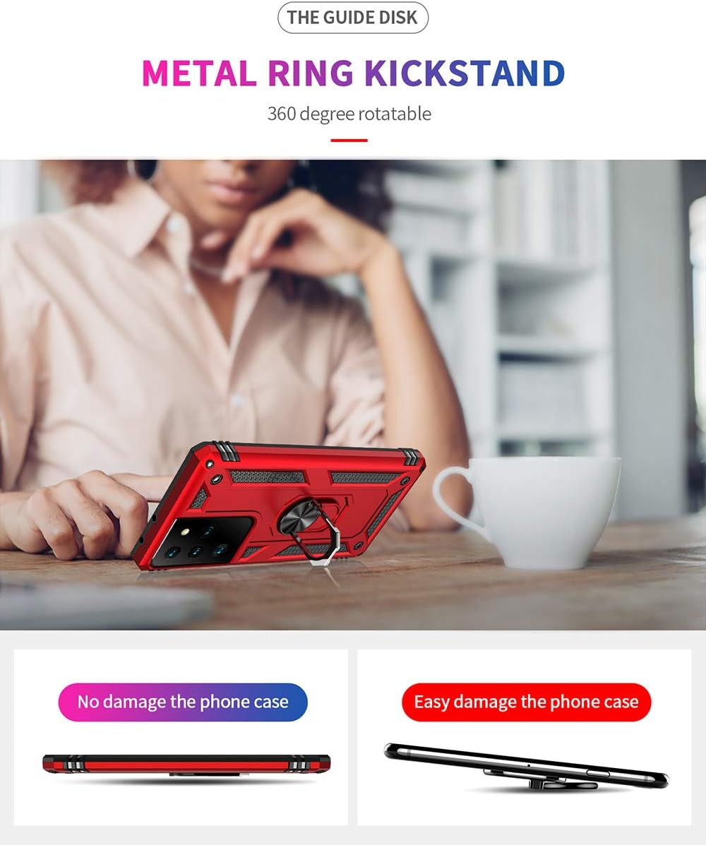 Military Grade Drop Impact for Samsung Galaxy S21 Ultra Case Galaxy S21 Ultra 5G Case 360 Metal Rotating Ring Kickstand Holder Armor Heavy Duty Shockproof Case for Galaxy S21 Ultra Phone Case (Red)  Dionsibei   