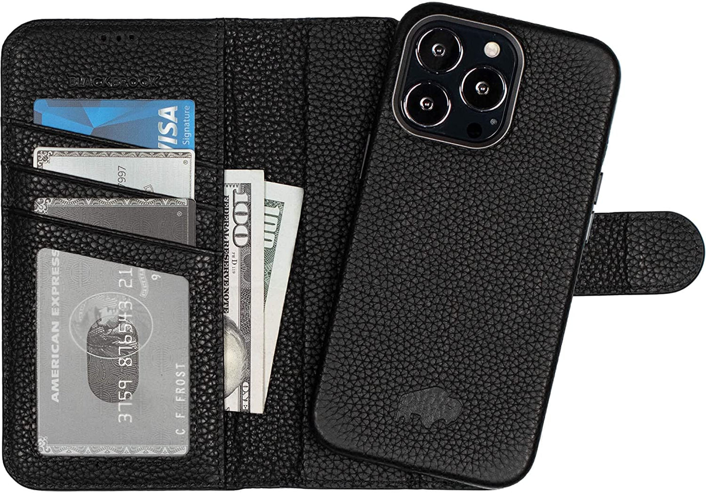 BLACKBROOK Iphone 14 Pro Wallet & Case Set - (2 in 1) Carson Full Grain Leather Detachable Wallet for Iphone 14 Pro (6.1") - 3 Credit Card Slots, Cash & Clear ID Pockets - Magsafe Compatible  BLACKBROOK Pebble Black  