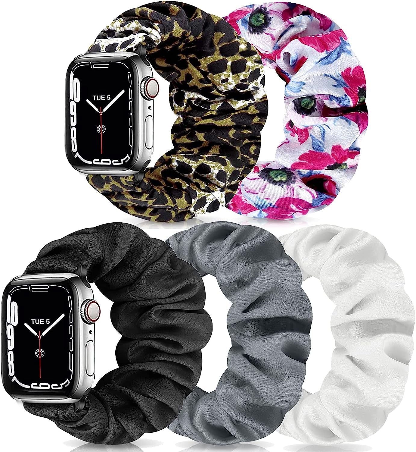 Scrunchie Watch Bands for Women Compatible with Apple Watch 38Mm 40Mm 41Mm 42Mm 44Mm 45Mm, Elastic Scrunchy Replacement Band Soft Stretchy Band for Iwatch Series 7/6/5/4/3/2/1/SE  DKGKOO C(Black/White/Gray/Leopard/Pink flower) 42mm/44mm/45mm Large-Size 