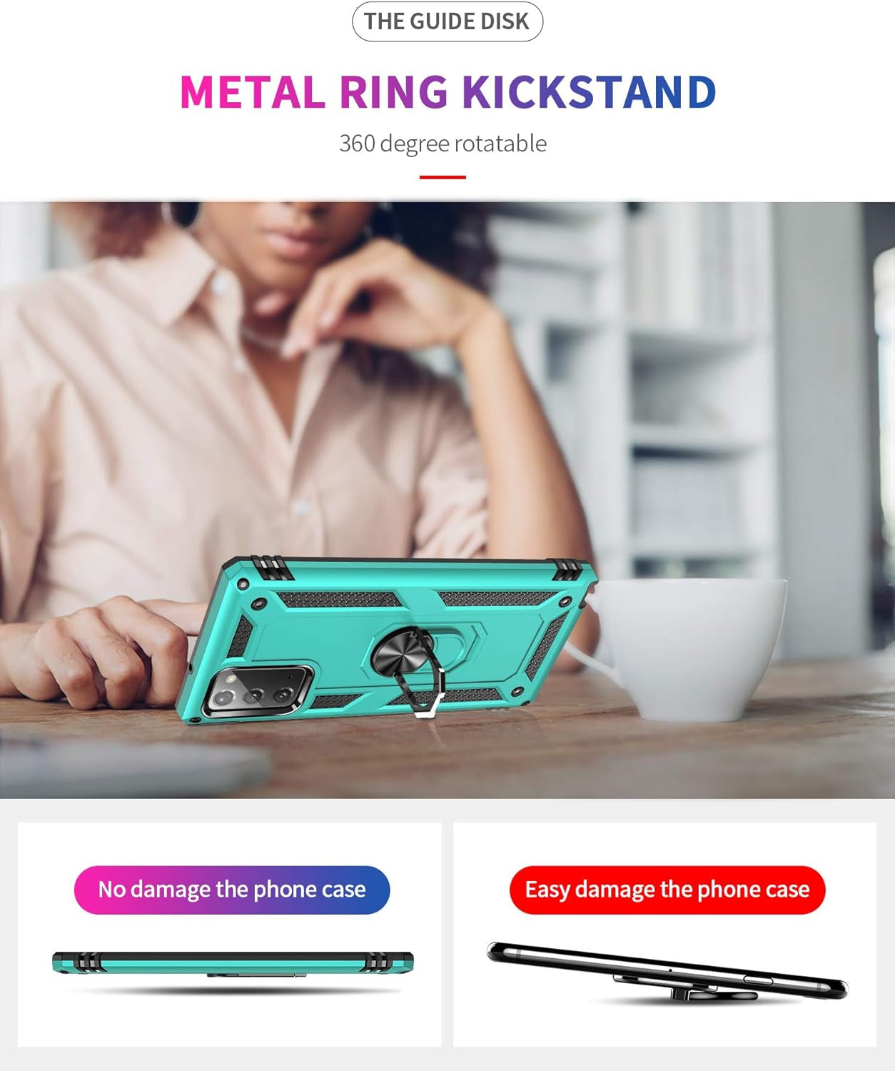 Samsung Galaxy Note 20 Case, Note20 5G Case with HD Screen Protectors, Androgate Military-Grade Metal Ring Holder Kickstand 15Ft Drop Tested Shockproof Cover Case for Samsung Galaxy Note 20 Teal  E&M Tek   