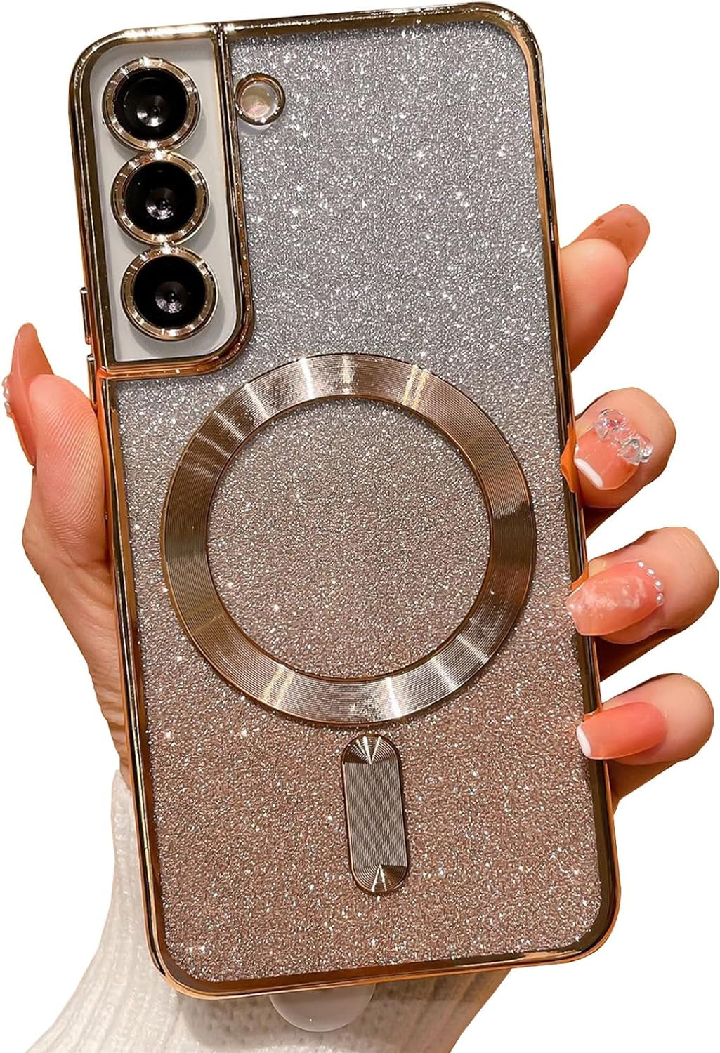 Aowner for Samsung Galaxy S21 Ultra Magnetic Case Compatible with Magsafe, Full Protection Square Glitter Clear Phone Case for Women Girls Cute Soft Shockproof Bumper Protective Cover Case 6.8"-Gold  aowner Gold Samsung Galaxy S22 Plus - 6.6" 