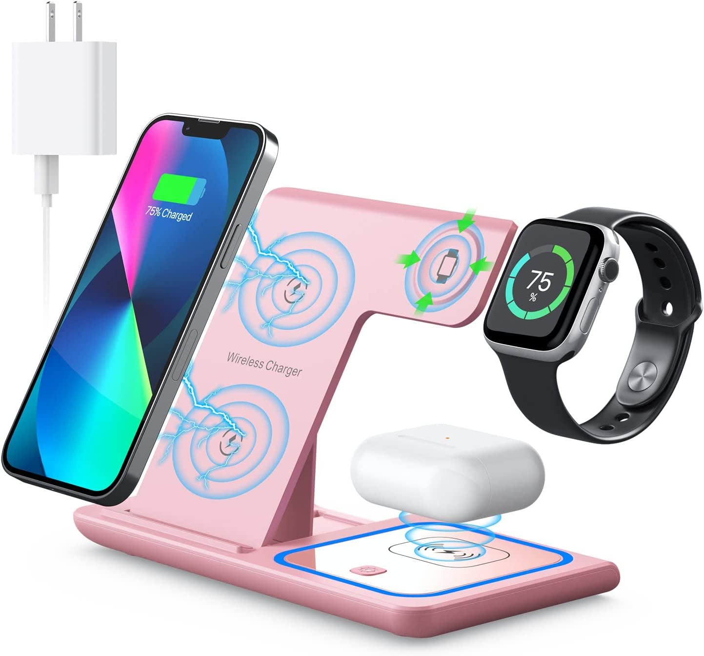 Wireless Charging Station, Wireless Charging Station for Multiple Devices for Iphone 15 14 13 12 11 Pro XR XS 8 Plus, for Apple Watch Ultra SE 8 7 6 5 4 3 2, Airpods Pro 3 2 (Dark Blue)  YOXINTA Pink  