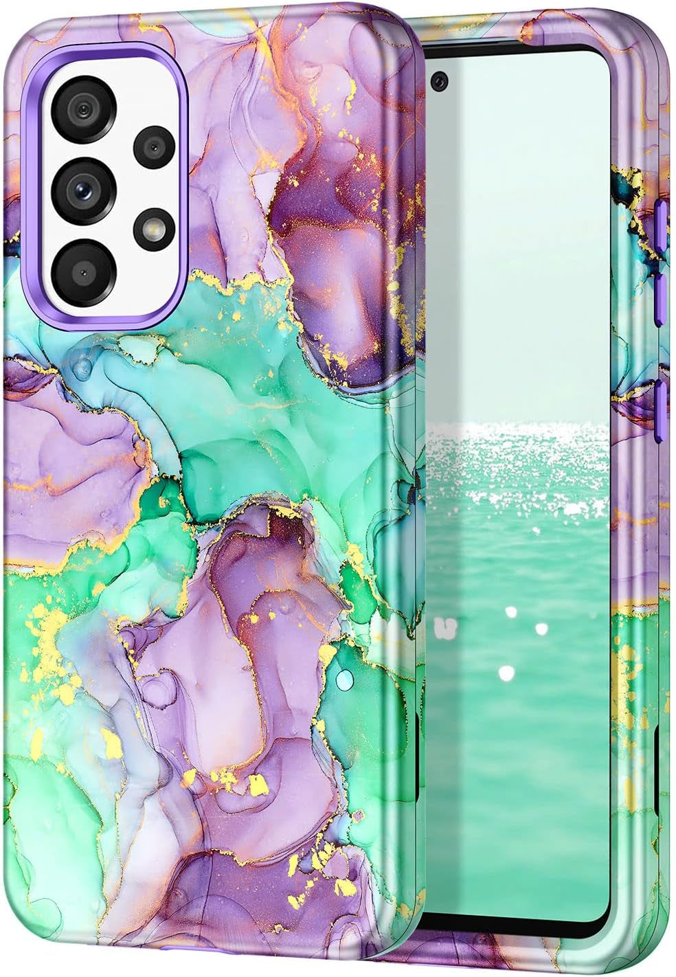 Btscase for Samsung Galaxy A53 5G Case, Marble Pattern 3 in 1 Heavy Duty Shockproof Full Body Rugged Hard Pc+Soft Silicone Drop Protective Women Girl Cover for Samsung Galaxy A53 5G,Drift Sand/Purple  Btscase Purple Green  