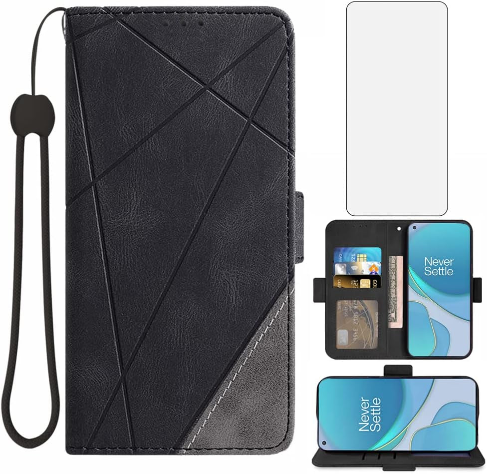 Compatible with Oneplus 8T Oneplus8T plus 9R 5G Wallet Case and Tempered Glass Screen Protector Flip Cover Card Holder Phone Cases for One Plus8T5G on 1 plus 8Tplus 1Plus 8T+ One+ 1+ 1+8T Pro G5 Black  Asuwish   
