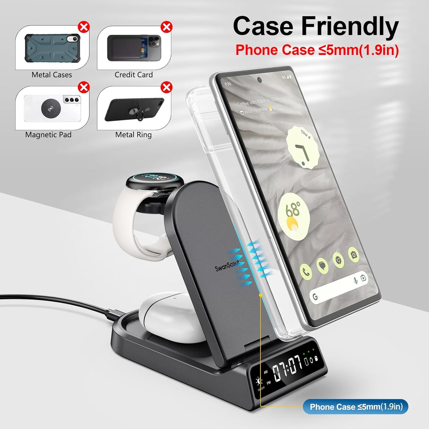 Swanscout Wireless Charging Station for Google Pixel Watch, Travel Portable Wireless Charger for Google Pixel 8 Pro/8/Fold/7A/Pixel 7 Pro/7/6/6 Pro/5/4/3/Xl, Google Pixel Watch, Pixel Buds Pro  SwanScout   